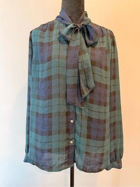 Plaid Shirt in Navy and Green Tie Neck Lightweight Button front